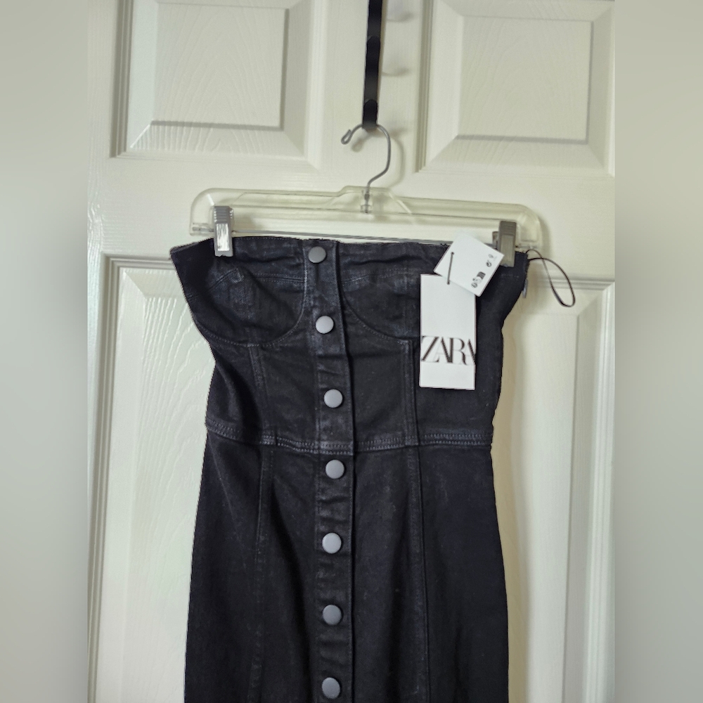 Zara Black Strapless Denim Bustier Jean Button Down Midi Dress XS - Picture 3 of 9